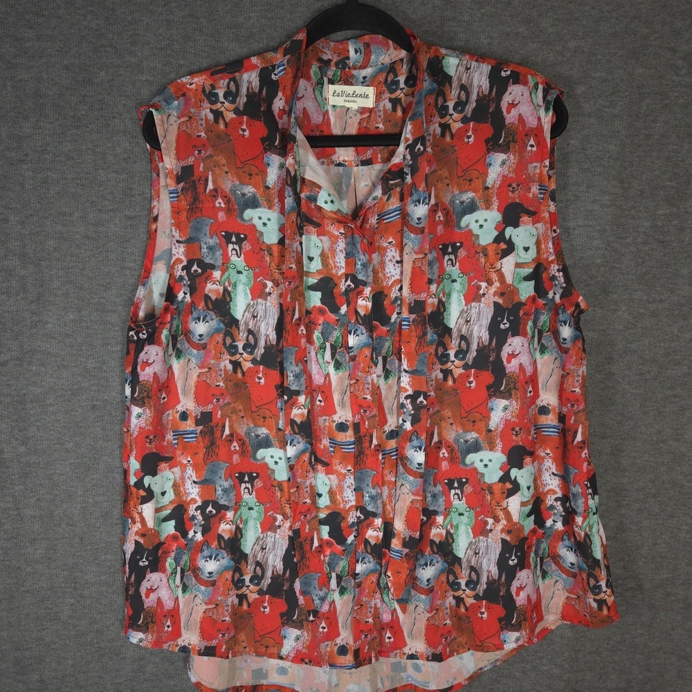 LaVieLente XL Sleeveless Dog Print Blouse Colorful Art Button Front Teacher - Picture 1 of 12